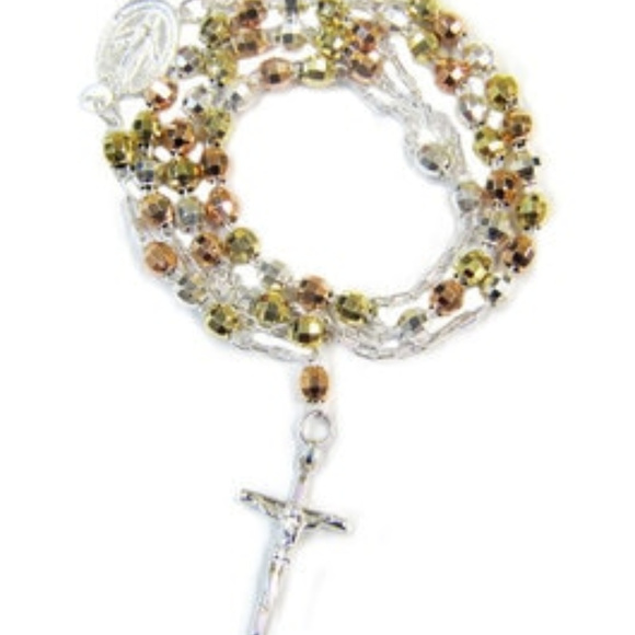 Sterling Silver Tri-Color Rosary Beaded Necklace